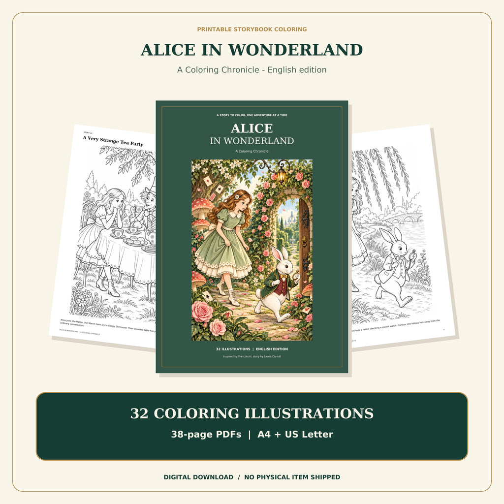 Alice in Wonderland printable coloring book cover with sample story pages, 32 illustrations and A4 and US Letter digital editions