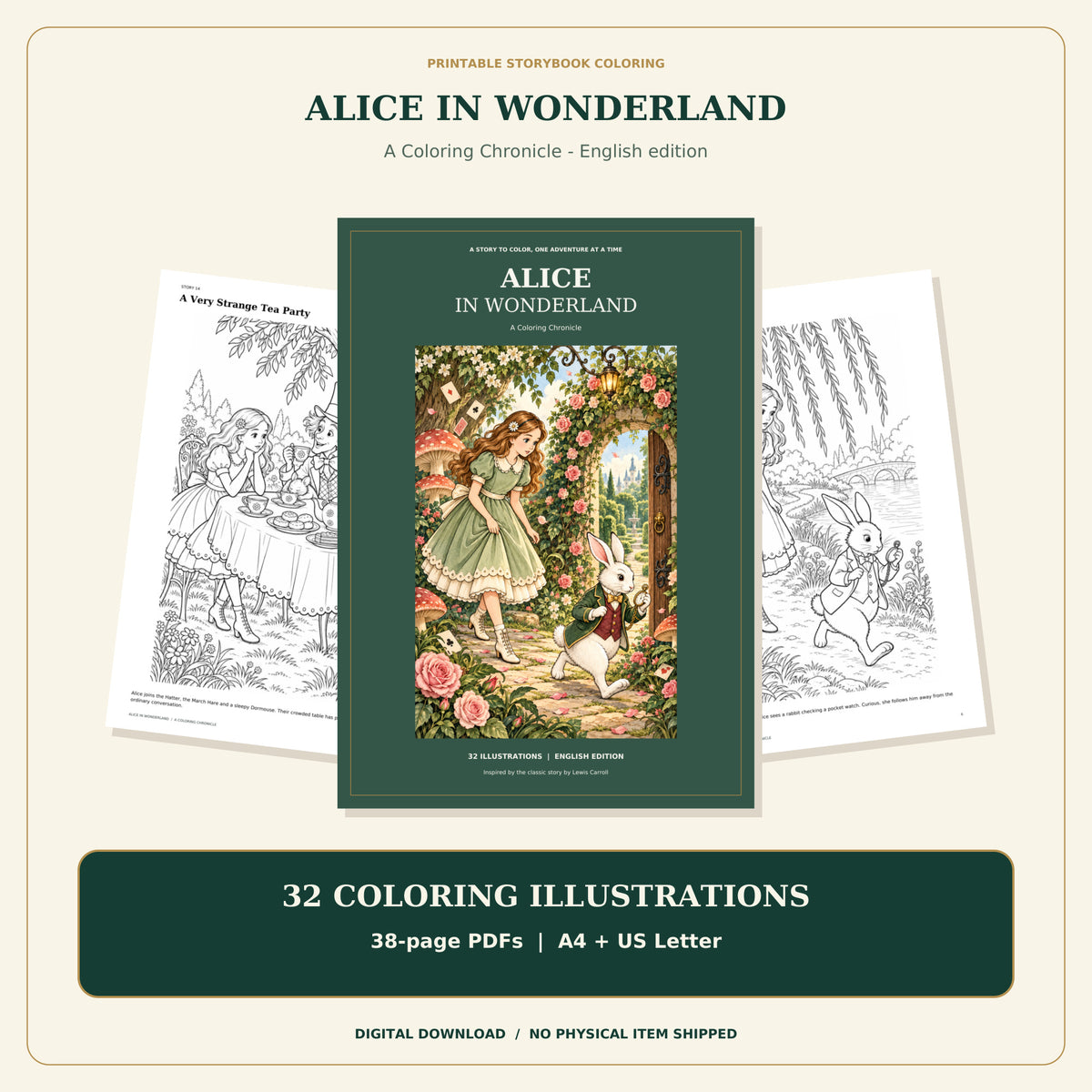 Alice in Wonderland printable coloring book cover with sample story pages, 32 illustrations and A4 and US Letter digital editions