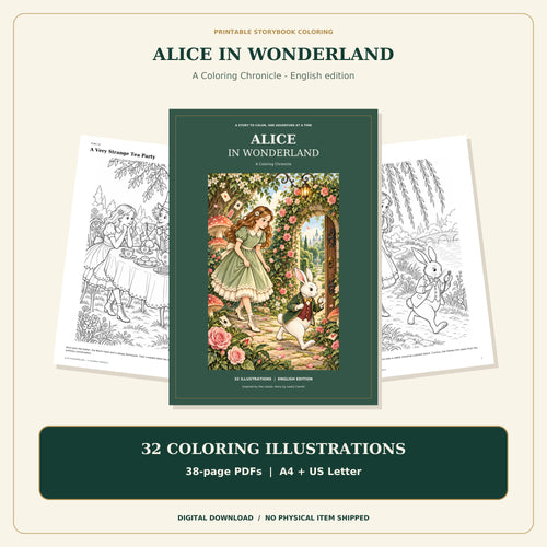 Alice in Wonderland printable coloring book cover with sample story pages, 32 illustrations and A4 and US Letter digital editions